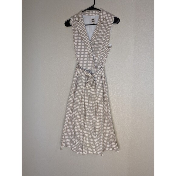 Anne Klein Dress 8 Notch Collar Tan White Polka Dot Faux Wrap - Picture 1 of 8